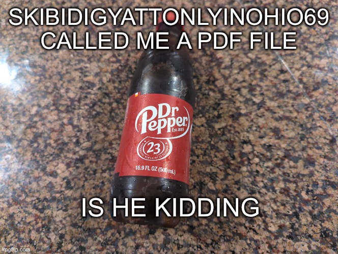 Dr Pepper | SKIBIDIGYATTONLYINOHIO69 CALLED ME A PDF FILE; IS HE KIDDING | image tagged in dr pepper | made w/ Imgflip meme maker