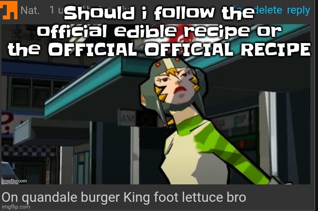 For the portal cake | Should i follow the official edible recipe or the OFFICIAL OFFICIAL RECIPE | image tagged in on quandale burger king foot lettuce bro | made w/ Imgflip meme maker