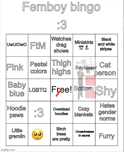 if you get a bingo on this, seek help. | image tagged in femboy bingo | made w/ Imgflip meme maker