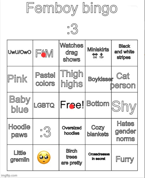 why the fuck is female to male on there we are becoming male because we dont want to be female tf | image tagged in femboy bingo | made w/ Imgflip meme maker