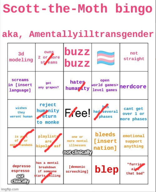 boo | not clinically; not clinically | image tagged in scott the moth bingo | made w/ Imgflip meme maker