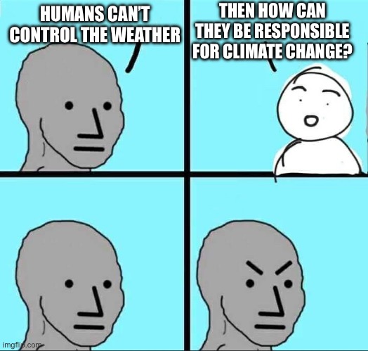 NPC Meme | THEN HOW CAN THEY BE RESPONSIBLE FOR CLIMATE CHANGE? HUMANS CAN’T CONTROL THE WEATHER | image tagged in npc meme | made w/ Imgflip meme maker