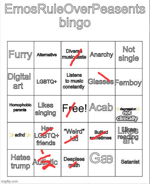 EmosRuleOverPeasents bingo #2 | not clinically | image tagged in emosruleoverpeasents bingo 2 | made w/ Imgflip meme maker