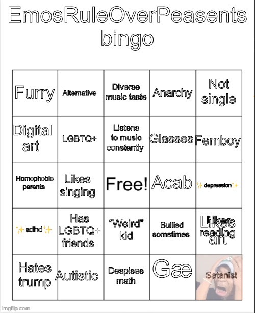 EmosRuleOverPeasents bingo #2 | image tagged in emosruleoverpeasents bingo 2 | made w/ Imgflip meme maker