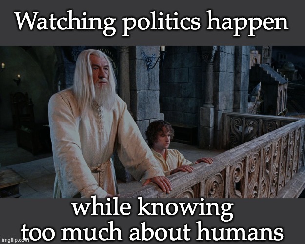 Election Day feels like -- | Watching politics happen; while knowing too much about humans | image tagged in gandalf and pippin,lotr,lord of the rings,voting,elections | made w/ Imgflip meme maker