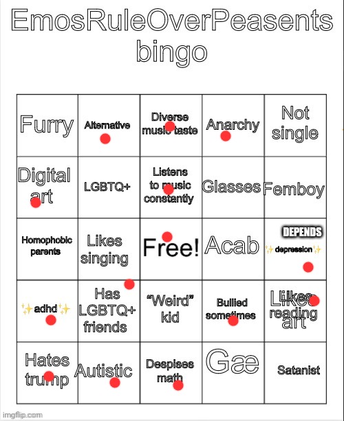 EmosRuleOverPeasents bingo #2 | DEPENDS | image tagged in emosruleoverpeasents bingo 2 | made w/ Imgflip meme maker