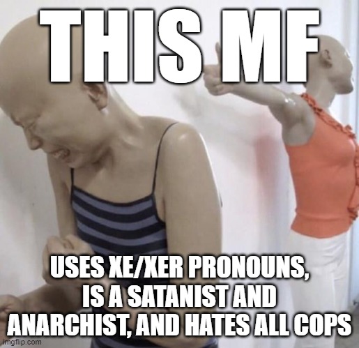 guess who this clown is | THIS MF; USES XE/XER PRONOUNS, IS A SATANIST AND ANARCHIST, AND HATES ALL COPS | image tagged in this mf paid for twitter meme format | made w/ Imgflip meme maker