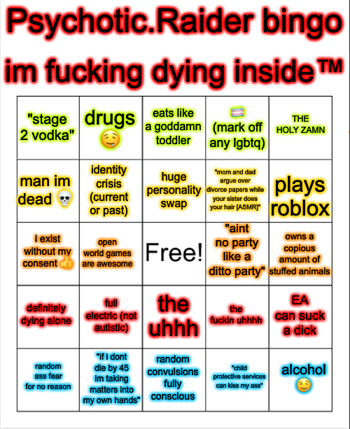 another dumbass bingo by a psychotic raider Blank Meme Template