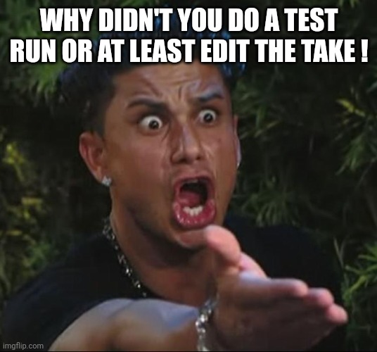 situation | WHY DIDN'T YOU DO A TEST RUN OR AT LEAST EDIT THE TAKE ! | image tagged in situation | made w/ Imgflip meme maker