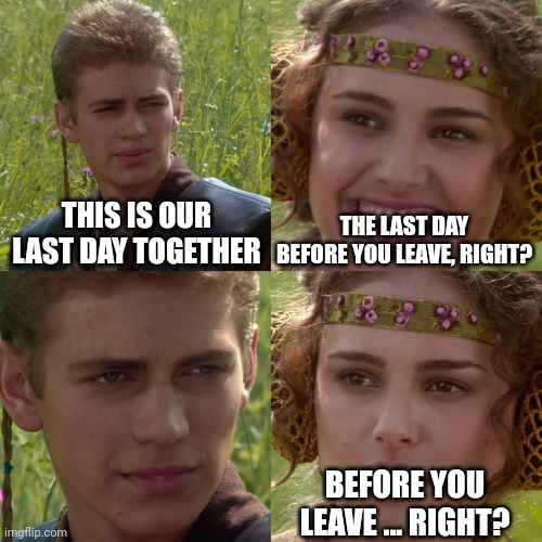 Anakin Padme 4 Panel | THIS IS OUR LAST DAY TOGETHER; THE LAST DAY BEFORE YOU LEAVE, RIGHT? BEFORE YOU LEAVE ... RIGHT? | image tagged in anakin padme 4 panel | made w/ Imgflip meme maker