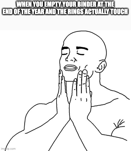 we all know this feeling | WHEN YOU EMPTY YOUR BINDER AT THE END OF THE YEAR AND THE RINGS ACTUALLY TOUCH | image tagged in satisfaction,memes | made w/ Imgflip meme maker