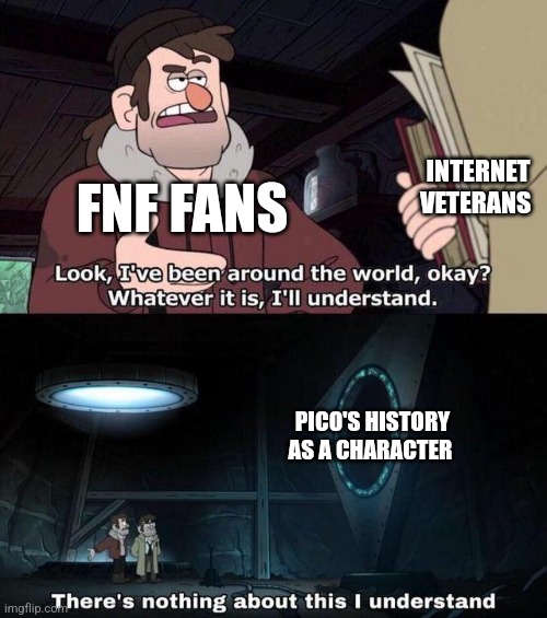 Gravity Falls Understanding | INTERNET VETERANS; FNF FANS; PICO'S HISTORY AS A CHARACTER | image tagged in gravity falls understanding,pico,newgrounds,fnf | made w/ Imgflip meme maker