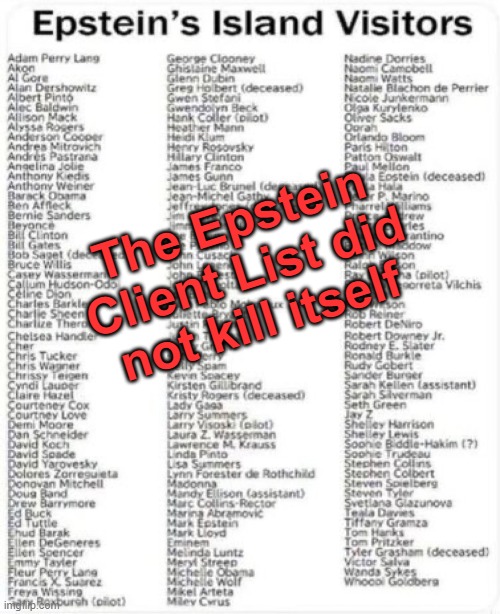 The Epstein
Client List did
not kill itself | made w/ Imgflip meme maker