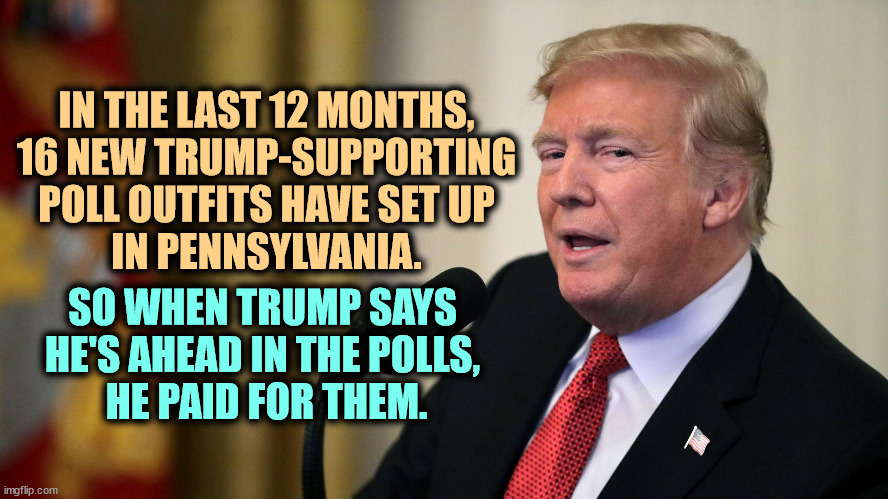 Don the Con, tampering with the polls. | IN THE LAST 12 MONTHS, 
16 NEW TRUMP-SUPPORTING 
POLL OUTFITS HAVE SET UP 
IN PENNSYLVANIA. SO WHEN TRUMP SAYS 
HE'S AHEAD IN THE POLLS, 
HE PAID FOR THEM. | image tagged in trump con man side eye,trump,phony,polls,pennsylvania,don the con | made w/ Imgflip meme maker