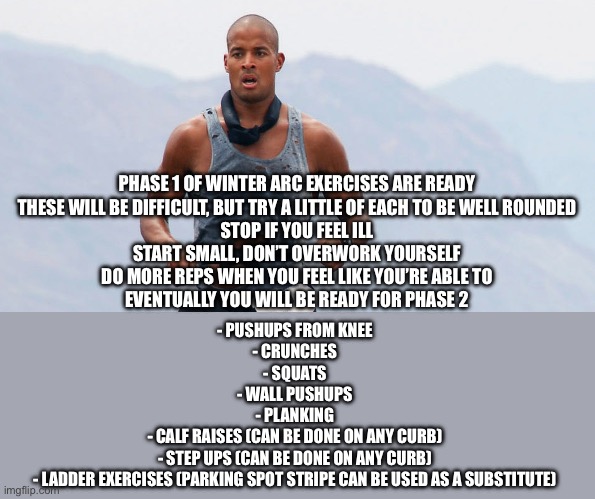 Winter arc playlist drops tomorrow, please share | PHASE 1 OF WINTER ARC EXERCISES ARE READY
THESE WILL BE DIFFICULT, BUT TRY A LITTLE OF EACH TO BE WELL ROUNDED
STOP IF YOU FEEL ILL
START SMALL, DON’T OVERWORK YOURSELF
DO MORE REPS WHEN YOU FEEL LIKE YOU’RE ABLE TO
EVENTUALLY YOU WILL BE READY FOR PHASE 2; - PUSHUPS FROM KNEE
- CRUNCHES
- SQUATS
- WALL PUSHUPS
- PLANKING
- CALF RAISES (CAN BE DONE ON ANY CURB)
- STEP UPS (CAN BE DONE ON ANY CURB)
- LADDER EXERCISES (PARKING SPOT STRIPE CAN BE USED AS A SUBSTITUTE) | image tagged in david goggins,winter arc,self improvement,exercise,stay hard,workout | made w/ Imgflip meme maker