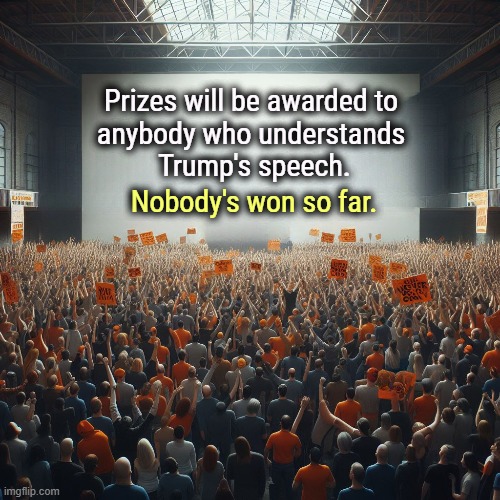 Prizes will be awarded to 
anybody who understands 
Trump's speech. Nobody's won so far. | image tagged in trump,speech,senile dementia,incompetence,rally | made w/ Imgflip meme maker