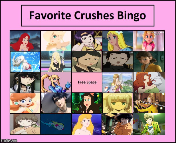 favorite crushes bingo | image tagged in favorite crushes bingo,video games,the little mermaid,anime,bingo,cartoons | made w/ Imgflip meme maker