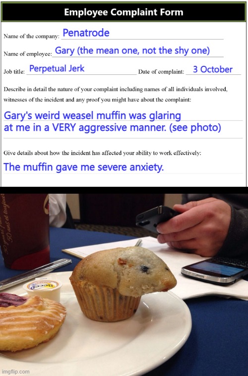 A Make Believe HR Complaint (Sorry! I couldn't sleep) | Penatrode; Gary (the mean one, not the shy one); Perpetual Jerk; 3 October; Gary's weird weasel muffin was glaring at me in a VERY aggressive manner. (see photo); The muffin gave me severe anxiety. | image tagged in funny memes,this story is fake,i made it up,insomnia | made w/ Imgflip meme maker