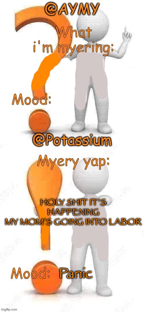4 in the morning | HOLY SHIT IT’S HAPPENING
MY MOM’S GOING INTO LABOR; Panic | image tagged in potassium and aymy s updated myery template | made w/ Imgflip meme maker