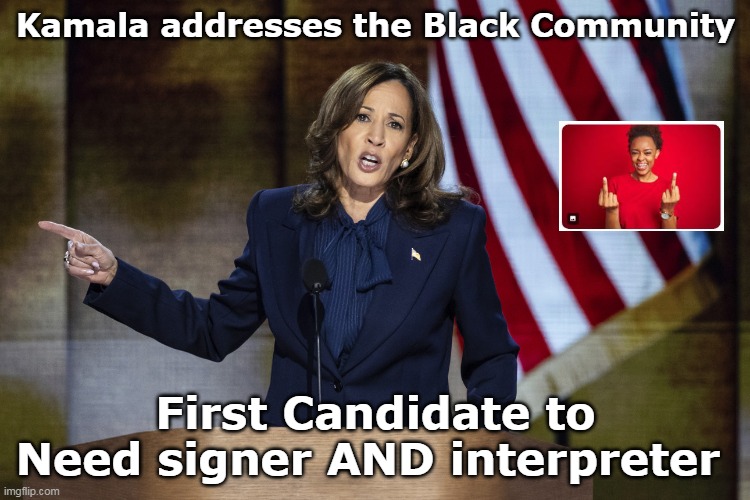 Pretty sure they've gotten her message | Kamala addresses the Black Community; First Candidate to Need signer AND interpreter | image tagged in kamala signer black community meme | made w/ Imgflip meme maker