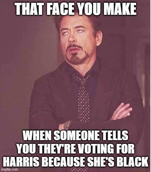 Face You Make Robert Downey Jr | THAT FACE YOU MAKE; WHEN SOMEONE TELLS YOU THEY'RE VOTING FOR HARRIS BECAUSE SHE'S BLACK | image tagged in memes,face you make robert downey jr,harris | made w/ Imgflip meme maker