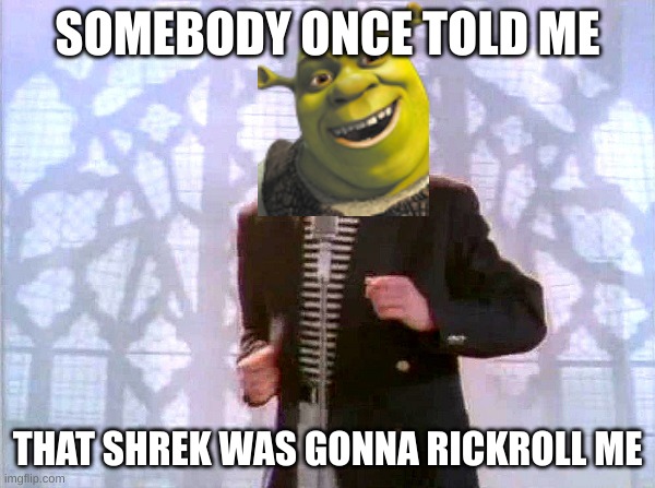 Image Title | SOMEBODY ONCE TOLD ME; THAT SHREK WAS GONNA RICKROLL ME | image tagged in rickrolling | made w/ Imgflip meme maker