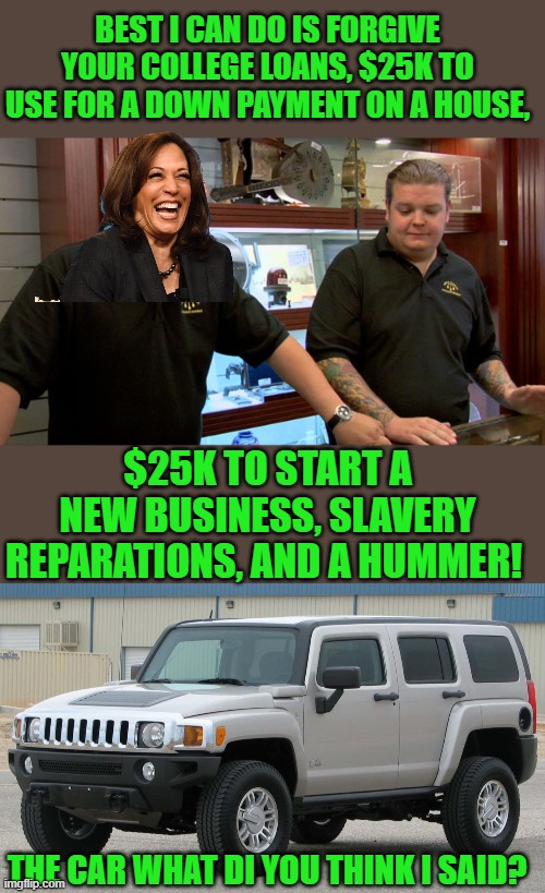 Final election offer from Cackles McKneepads | BEST I CAN DO IS FORGIVE YOUR COLLEGE LOANS, $25K TO USE FOR A DOWN PAYMENT ON A HOUSE, $25K TO START A NEW BUSINESS, SLAVERY REPARATIONS, AND A HUMMER! THE CAR WHAT DI YOU THINK I SAID? | image tagged in cackles mckneepads,kamala harris | made w/ Imgflip meme maker