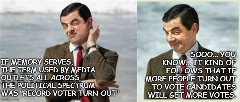 IF MEMORY SERVES, THE TERM USED BY MEDIA OUTLETS ALL ACROSS THE POLITICAL SPECTRUM WAS "RECORD VOTER TURN-OUT" SOOO... YOU KNOW... IT KIND O | image tagged in mr bean sarcastic,mr bean smirk | made w/ Imgflip meme maker