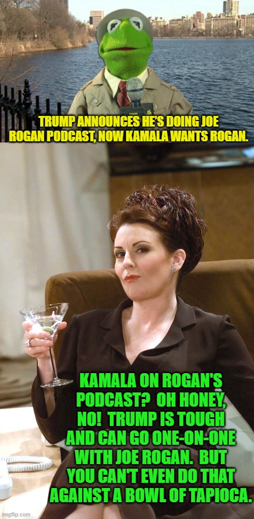 On second thought Kamala . . . DO go up against Joe Rogan.  It would be funny as hell. | TRUMP ANNOUNCES HE’S DOING JOE ROGAN PODCAST, NOW KAMALA WANTS ROGAN. KAMALA ON ROGAN'S PODCAST?  OH HONEY, NO!  TRUMP IS TOUGH AND CAN GO ONE-ON-ONE WITH JOE ROGAN.  BUT YOU CAN'T EVEN DO THAT AGAINST A BOWL OF TAPIOCA. | image tagged in kermit news report | made w/ Imgflip meme maker