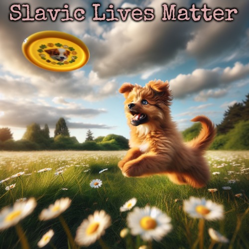 cute dog chasing a frisbee | Slavic Lives Matter | image tagged in cute dog chasing a frisbee,slavic | made w/ Imgflip meme maker