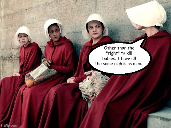 Women's Rights | Other than the "right" to kill babies. I have all the same rights as men. | image tagged in handmaid's tale | made w/ Imgflip meme maker