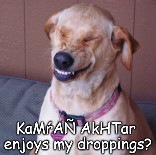 Who and but Why Yums | KaMŕAÑ AkHTar 
enjoys my droppings? | image tagged in memes,fun,middle school,dog,smile | made w/ Imgflip meme maker