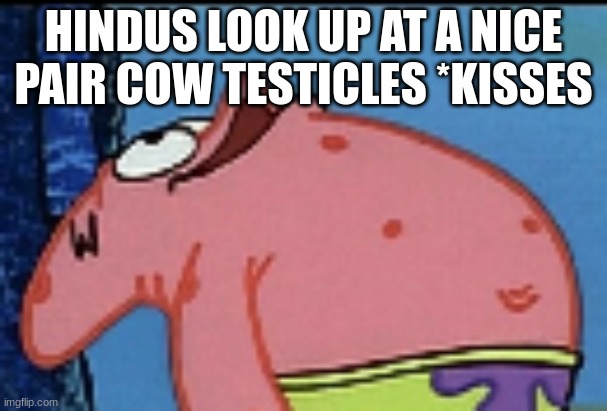 patrick looking up | HINDUS LOOK UP AT A NICE PAIR COW TESTICLES *KISSES | image tagged in patrick looking up | made w/ Imgflip meme maker