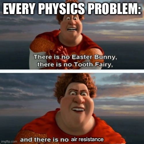 Physics be like | EVERY PHYSICS PROBLEM:; air resistance | image tagged in tighten megamind there is no easter bunny,physics,memes,funny,relatable,school meme | made w/ Imgflip meme maker