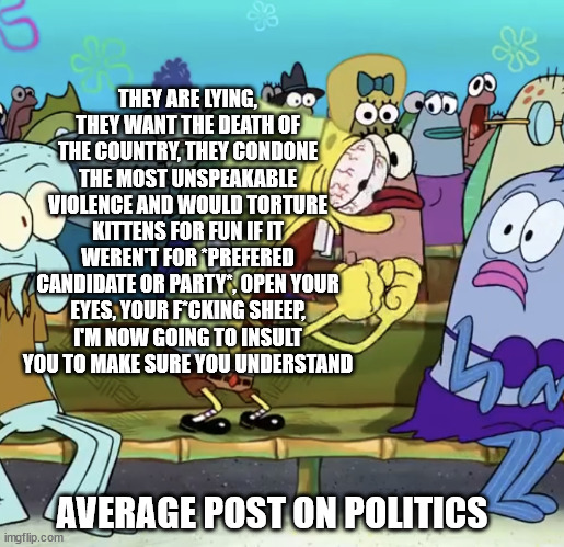 like can yall pls chill, why is there more insulting than debating going on | THEY ARE LYING, THEY WANT THE DEATH OF THE COUNTRY, THEY CONDONE THE MOST UNSPEAKABLE VIOLENCE AND WOULD TORTURE KITTENS FOR FUN IF IT WEREN'T FOR *PREFERED CANDIDATE OR PARTY*, OPEN YOUR EYES, YOUR F*CKING SHEEP, I'M NOW GOING TO INSULT YOU TO MAKE SURE YOU UNDERSTAND; AVERAGE POST ON POLITICS | image tagged in spongebob yelling,chill | made w/ Imgflip meme maker