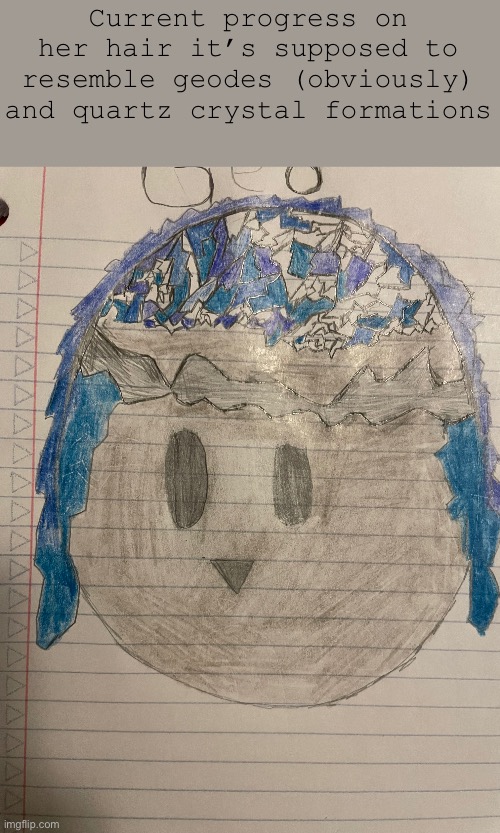 Geo will be done when I get home also I was gunna make chapter two but my page randomly reload and I lost all my progress so no | Current progress on her hair it’s supposed to resemble geodes (obviously) and quartz crystal formations | made w/ Imgflip meme maker