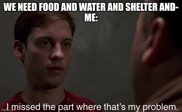 I missed the part | WE NEED FOOD AND WATER AND SHELTER AND-
ME: | image tagged in i missed the part | made w/ Imgflip meme maker