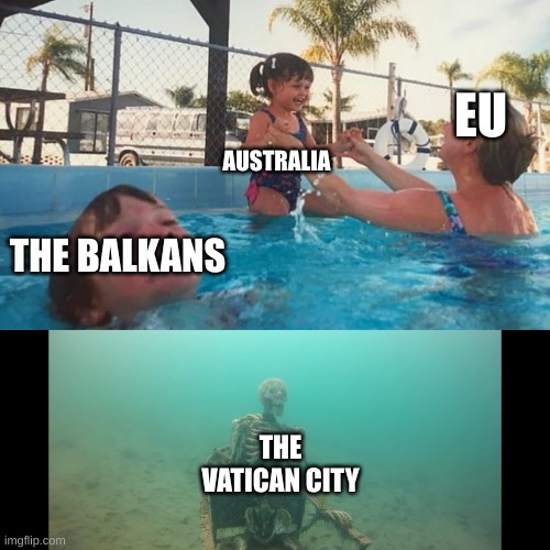 Drowning Kid Skelleton | AUSTRALIA; EU; THE BALKANS; THE VATICAN CITY | image tagged in drowning kid skelleton | made w/ Imgflip meme maker