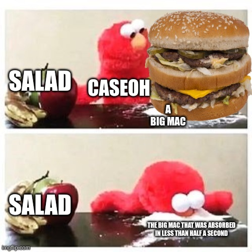 bruh he broke the world in half | SALAD; CASEOH; A BIG MAC; SALAD; THE BIG MAC THAT WAS ABSORBED IN LESS THAN HALF A SECOND | image tagged in elmo cocaine | made w/ Imgflip meme maker