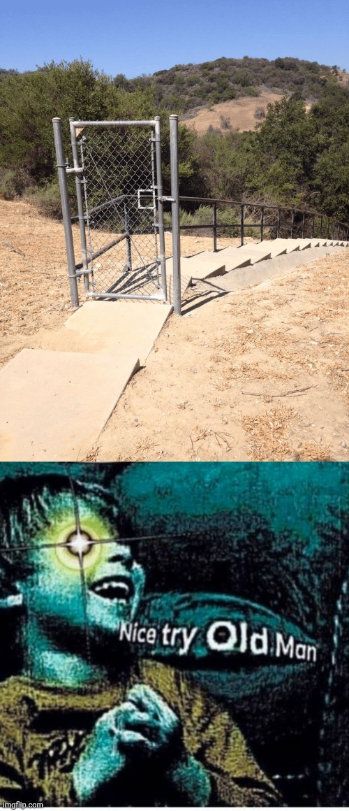 Going around gate | image tagged in nice try old man,gate,stairs,steps,you had one job,memes | made w/ Imgflip meme maker