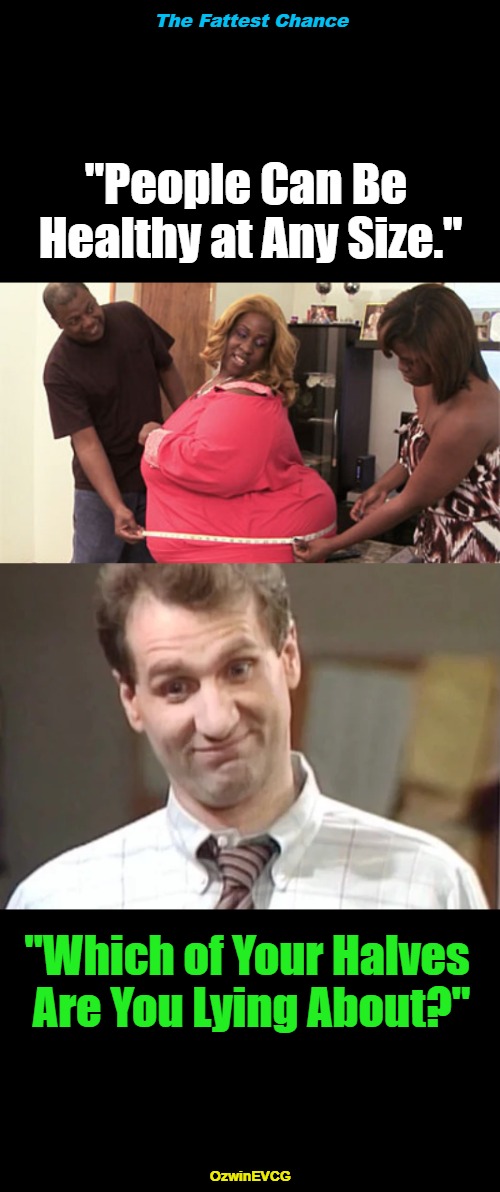 TFC | The Fattest Chance; "People Can Be 

Healthy at Any Size."; "Which of Your Halves 

Are You Lying About?"; OzwinEVCG | image tagged in al bundy,fat shame,clown world,self-awareness,liberal logic,2020s | made w/ Imgflip meme maker