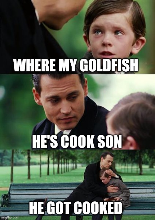 Finding Neverland Meme | WHERE MY GOLDFISH; HE'S COOK SON; HE GOT COOKED | image tagged in memes,finding neverland | made w/ Imgflip meme maker