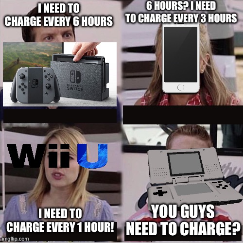 My good ol DS lasts forever (R.I.P DS Internet) | 6 HOURS? I NEED TO CHARGE EVERY 3 HOURS; I NEED TO CHARGE EVERY 6 HOURS; YOU GUYS NEED TO CHARGE? I NEED TO CHARGE EVERY 1 HOUR! | image tagged in you guys are getting paid template | made w/ Imgflip meme maker