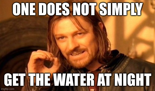 ONE DOES NOT SIMPLY GET THE WATER AT NIGHT | image tagged in memes,one does not simply | made w/ Imgflip meme maker