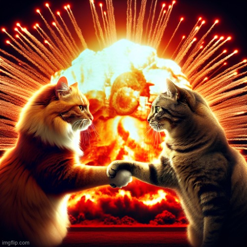 Two cats shaking hands with an explosion in background | image tagged in two cats shaking hands with an explosion in background | made w/ Imgflip meme maker