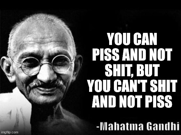 something wise | YOU CAN PISS AND NOT SHIT, BUT YOU CAN'T SHIT AND NOT PISS | image tagged in mahatma gandhi rocks | made w/ Imgflip meme maker