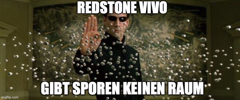 Neo bullet stop | REDSTONE VIVO; GIBT SPOREN KEINEN RAUM | image tagged in neo bullet stop | made w/ Imgflip meme maker