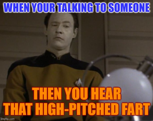 Correct face | WHEN YOUR TALKING TO SOMEONE; THEN YOU HEAR THAT HIGH-PITCHED FART | image tagged in star trek data | made w/ Imgflip meme maker