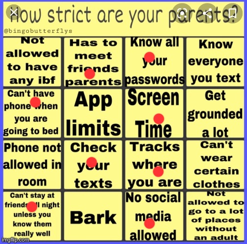 Idk what the top left means | image tagged in how strict are your parents bingo | made w/ Imgflip meme maker