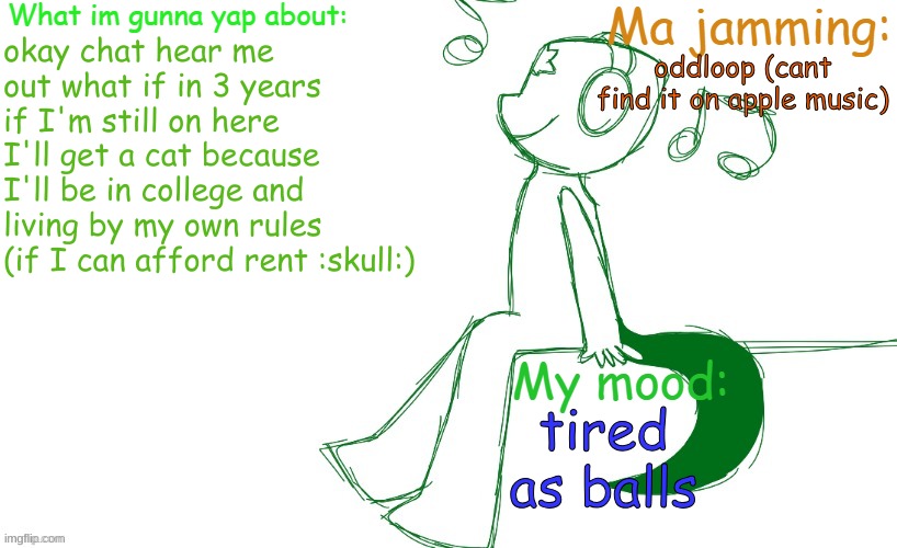 Leaf's ES announcement template | okay chat hear me out what if in 3 years if I'm still on here I'll get a cat because I'll be in college and living by my own rules (if I can afford rent :skull:); oddloop (cant find it on apple music); tired as balls | image tagged in leaf's es announcement template | made w/ Imgflip meme maker